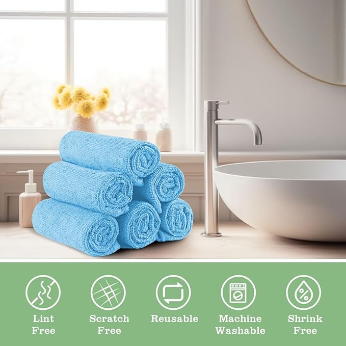 Washcloths Bulk - 100 Pack - Face Towel (12" x 12"), Highly Soft Wash Cloth and Hand Towels, Fast Drying Multi-Purpose Microfiber Cleansing Cloths for Bathroom, Hotel, Spa, and Salon - Blue