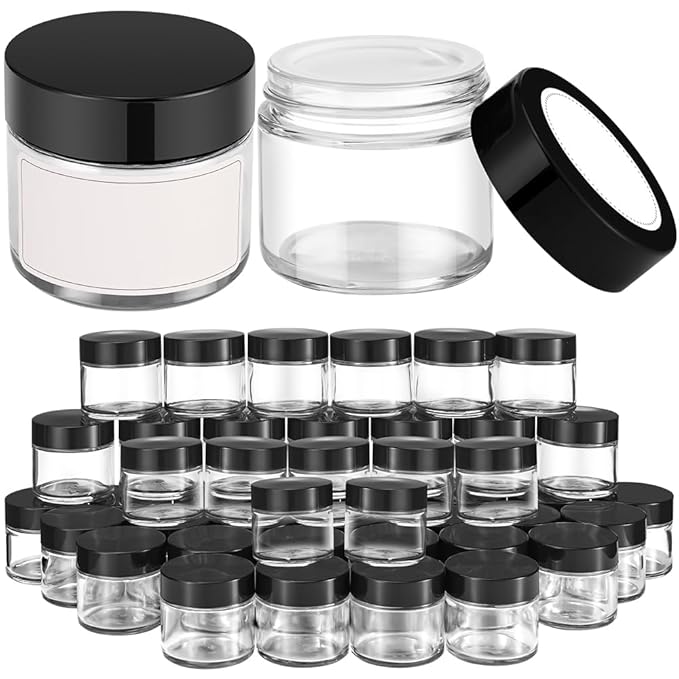 2 oz Small Glass Containers With Lids, Bumobum 48 Pack Clear Cream Jars with Lids, White Labels & Inner Liners, Empty Round Clear Cosmetic Jars for Ointments, Lotions