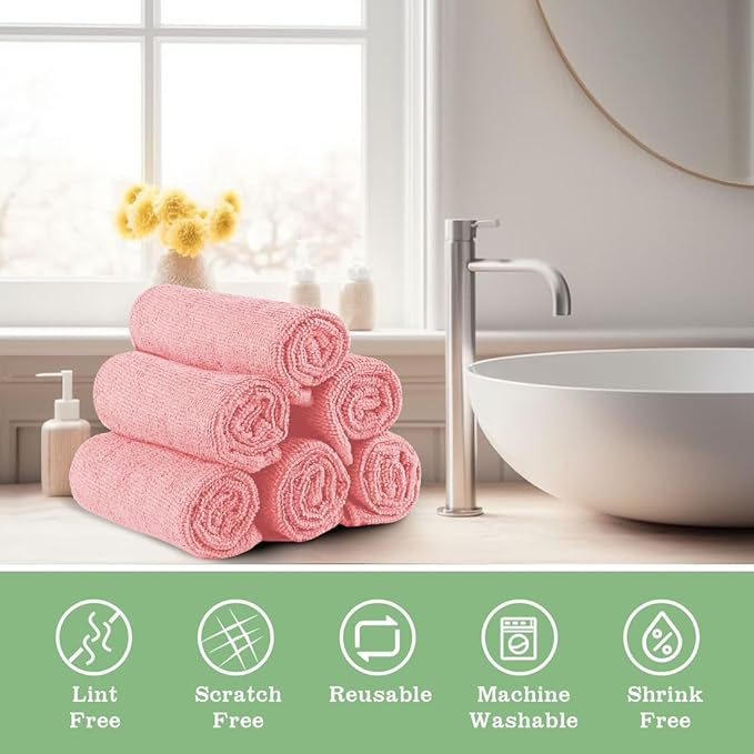 Washcloths Bulk - 100 Pack - Face Towel (12" x 12"), Highly Soft Wash Cloth and Hand Towels, Fast Drying Multi-Purpose Microfiber Cleansing Cloths for Bathroom, Hotel, Spa, and Salon - Pink