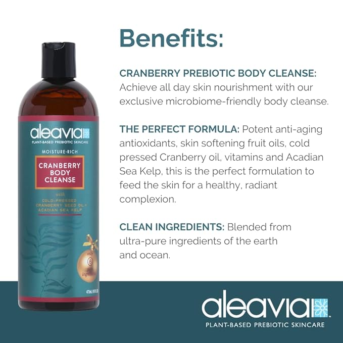 Aleavia Body Cleanse – Organic & All-Natural Prebiotic Body Wash with Pure Essential Oils – Cranberry Scent – Nourish Your Skin Microbiome – 16 Oz.