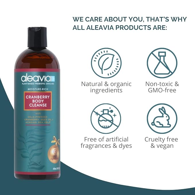 Aleavia Body Cleanse – Organic & All-Natural Prebiotic Body Wash with Pure Essential Oils – Cranberry Scent – Nourish Your Skin Microbiome – 16 Oz.