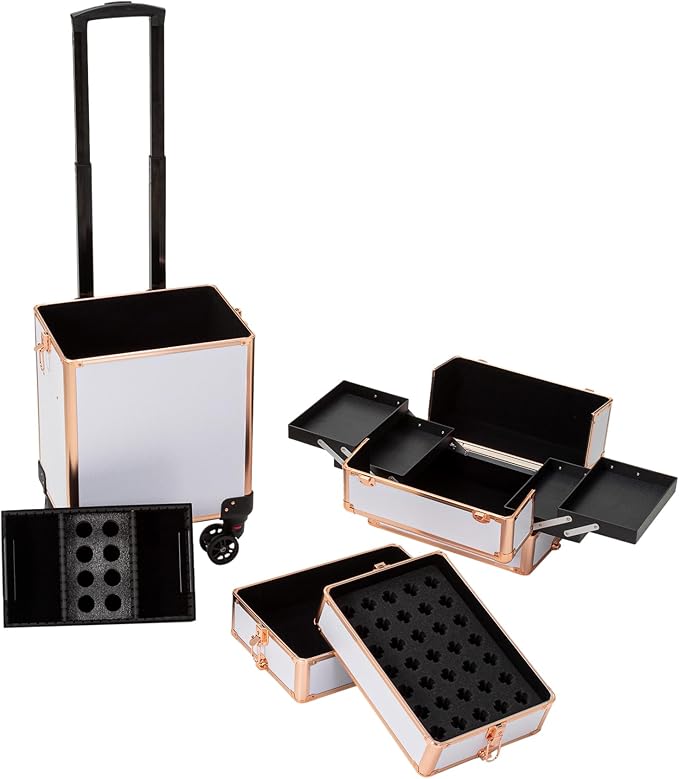 4 in 1 Portable Traveling Aluminum Professional Makeup Trolley Cart with Multiple-Sized Compartments and Wheels (Gold with White)