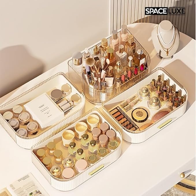 Makeup Organizer with Drawers and 360° Rotating Brush Holder, Large Capacity Cosmetic Storage for Vanity, Skincare, Perfume, Hair Accessories, Lipstick & Jewelry (Cream White, 3-layer)