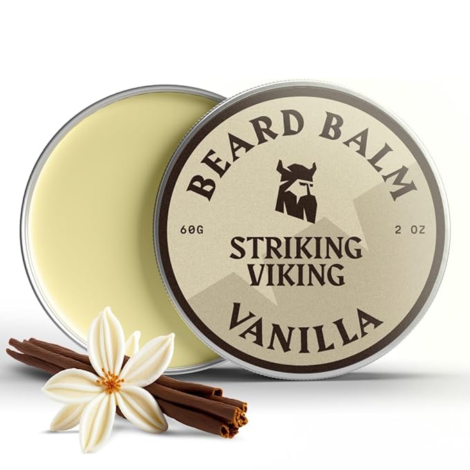 Striking Viking Beard Balm for Men – Light Hold, Vanilla, 2 Oz - Leave-in Beard Conditioner with Shea Butter, Tea Tree, Argan & Jojoba Oils - Smooth, Shape, Moisturize & Soften Coarse, Dry Facial Hair