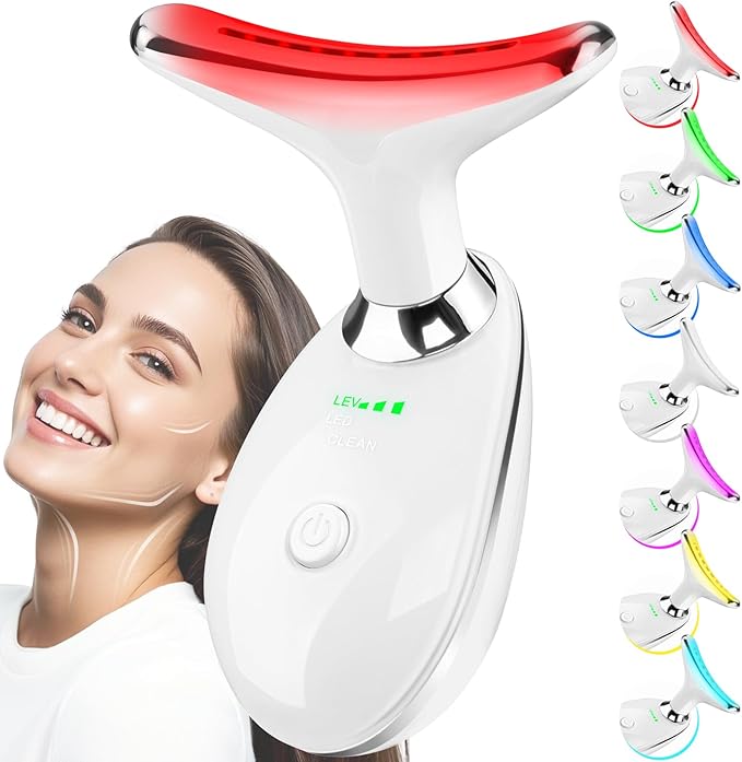 Face and Neck Massager Tool, 7 Colors LED Light Therapy Wand for Wrinkles, Double Chin, Portable Facial Massager with Vibrating and Thermals for Skin Care, Glossy White