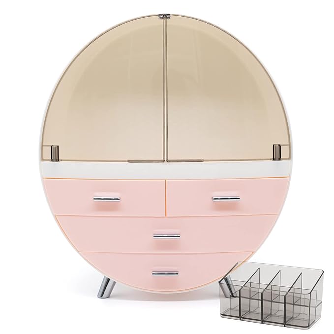 13.4''x15.7'' Makeup Organizer Large Capacity Waterproof and Dustproof Cosmetic Display Cases Desktop Beauty Storage Drawer Lipstick Skin Care Shelf (L, Pink)