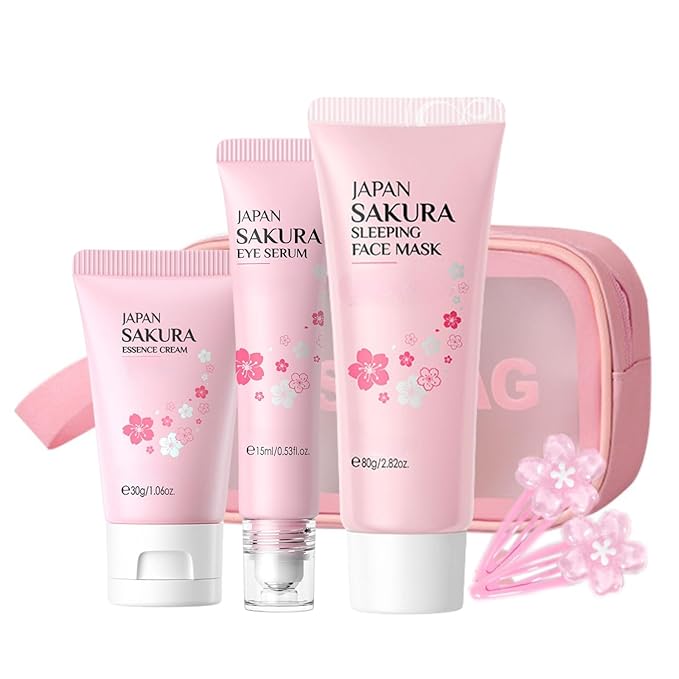 Sakura Skincare Set - Mother's Day Gift Basket - Skincare for Girls 10-12 - Skin Care for Teens 10-12 - Travel Kit for Women - Gift Set for Women with Eye Serum,Face Cream(One Size, 5PCS Sakura Scent)