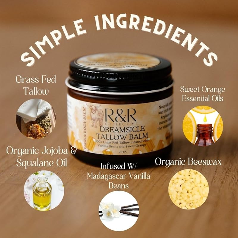 R&R Collective Whipped Tallow Balm (Dreamsicle) - 100% Grass Fed Beef Tallow for Skin Care- 100% Natural Handmade Whipped Orange & Vanilla Tallow Balm for Sensitive Skin- 2 FL. oz.