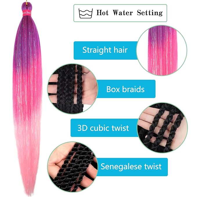 Upgraded Braiding Hair Extension Mix Tinsel, Pre Stretched Braiding Hair for Braiding Twist Braids Itch Free Hot Water Setting Yaki Straight Hair