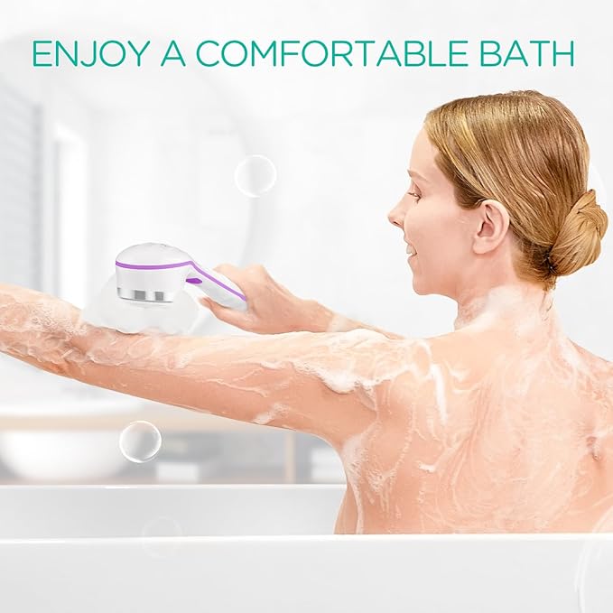 VOYOR Electric Body Brush Back Scrubber for Shower Rechargeable Exfoliating Bath Brush Powered Shower Brush with Non-Slip Long Handle Deep Cleansing, Exfoliation, Massaging Spin Brush BC100 (Purple)