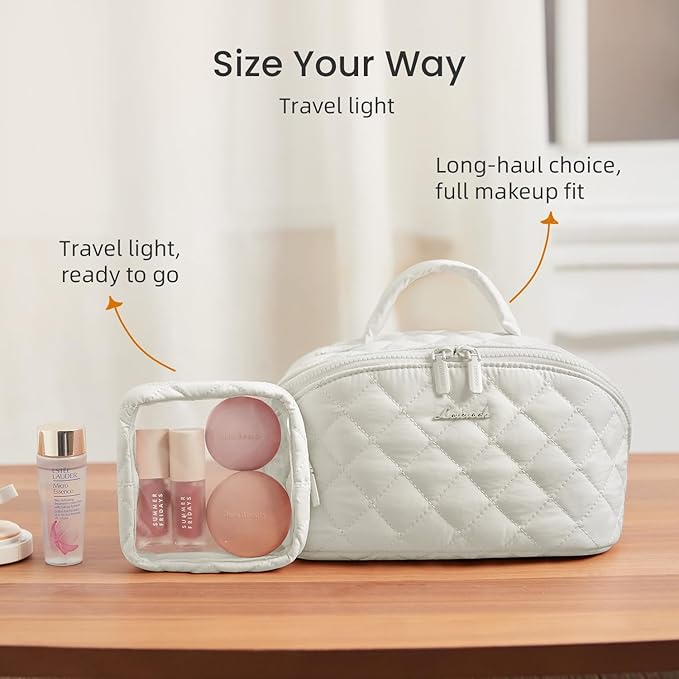 LOVEVOOK Travel Makeup Bag for Women, 2Pcs Set Puffer Waterproof Cosmetic Organizer, Large Capacity Pouch Open Flat Toiletry Bag with Divider & Handle, Portable Gift for Her, Beige