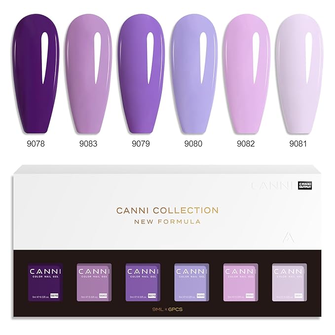 CANNI Purple Gel Polish Set, 6 Colors 9ML Violets Dark Purple Summer Pastel Pink Soak Off UV LED Nail Kit DIY Art Manicure Home Salon