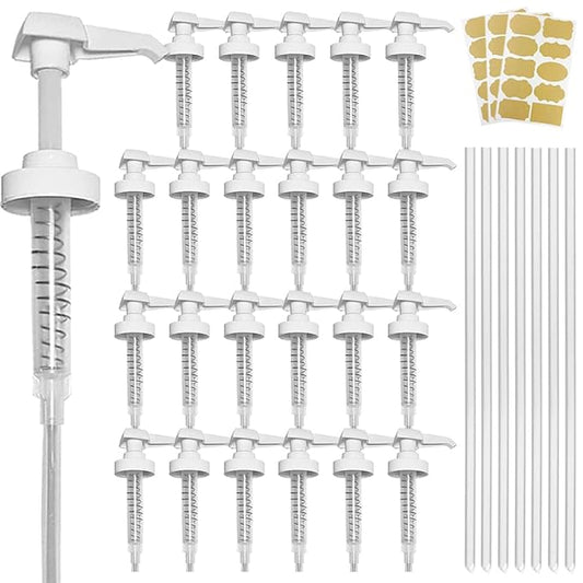 24 Pack Gallon Jug Pump Dispenser 38-400 White Pump - 7cc Lotion Shampoo Pump Top Replacement, Fits 1 Gallon Bottle 64oz 128oz Hand Sanitizer Containers, Plus Labels