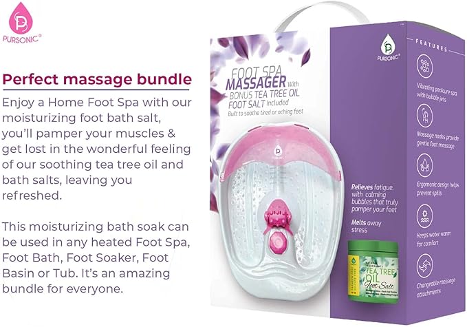 Pursonic Foot Spa Massager with Vibrating Bubbles & Tea Tree Oil Foot Salt Scrub with Epsom Salt 10oz Gift Set, Melts Away Stress and Revitalizes Tired Feet,Pink
