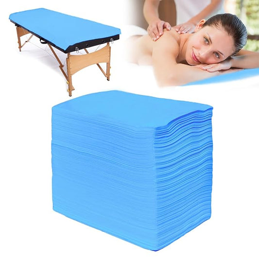 100Pcs Disposable Massage Table Sheets 31" x 71" Non-Woven Fabric Disposable Bed Sheets SPA Bed Cover Breathable Oil-Waterproof Sheets for Travel Spa Tatto Hotel Salon (Blue)