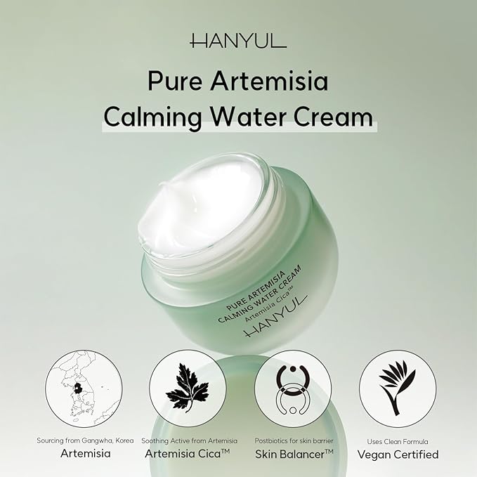 Hanyul Pure Artemisia (Mugwort) Calming Water Cream | Redness Relief, Vegan Moisturizer for Soothing, Skin Barrier Repair, Herb Extracts with Cica, Non-comedogenic tested, Korean Skincare, 1.89 Fl Oz