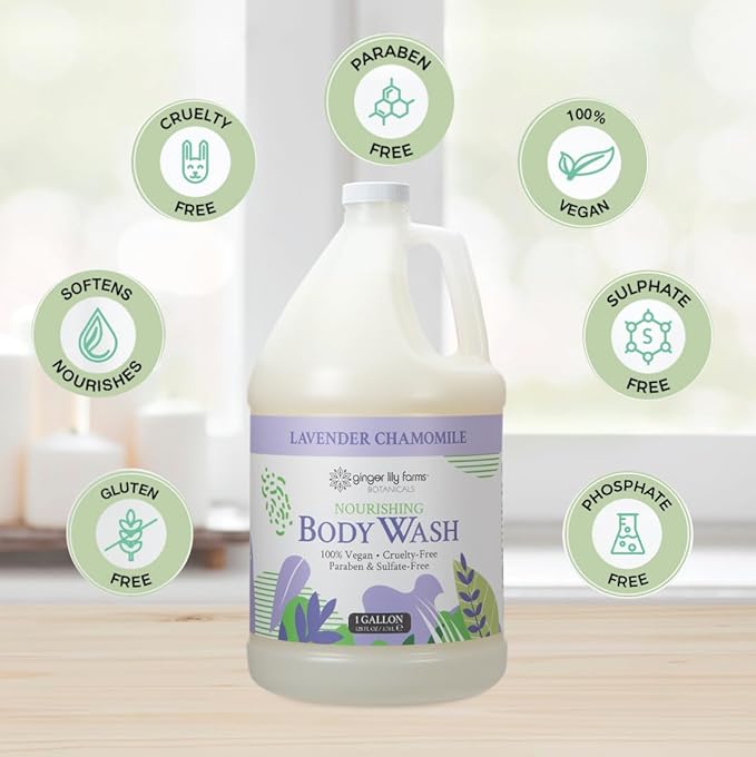 Ginger Lily Farms Botanicals Nourishing Body Wash, 100% Vegan & Cruelty-Free, Bath & Shower Gel for Men and Women, Lavender Chamomile Scent, 1 Gallon Refill (128 fl oz)