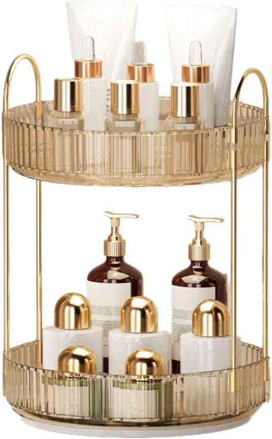 360° Rotating Makeup Organizer for Vanity - 2 Tier Perfume Organizer with Large Capacity - Skincare Organizer for Bathroom Counter - Space-Saving Cosmetic Storage for Dresser Countertop (Gold)