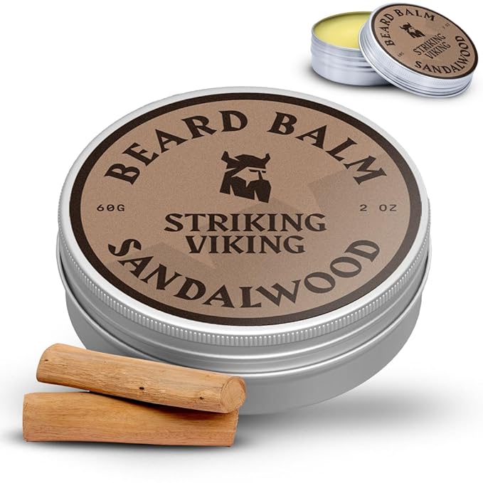 Striking Viking Beard Balm for Men – Light Hold, Sandalwood, 2 Oz - Leave-in Beard Conditioner with Shea Butter, Tea Tree, Argan & Jojoba Oils - Smooth, Shape & Moisturize Coarse, Dry Facial Hair