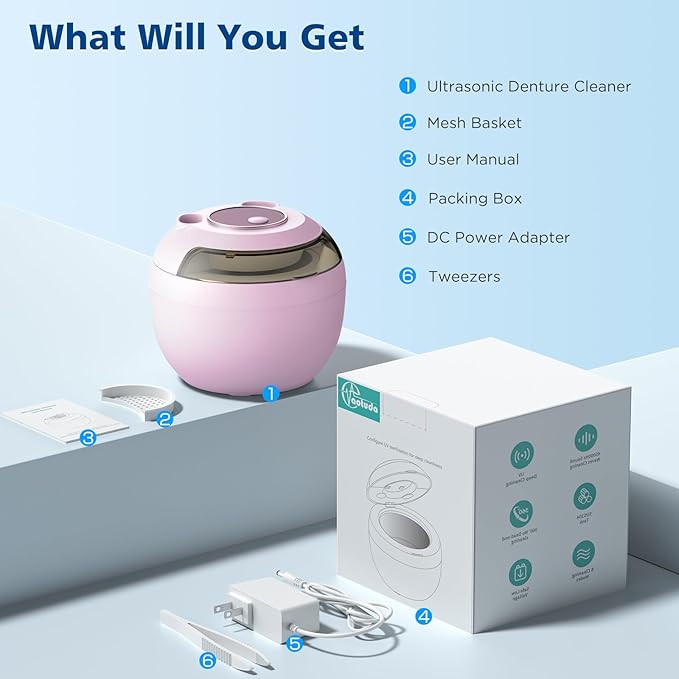 45kHz Ultrasonic Retainer Cleaner Machine, 200ML Denture Cleaner, 4 Modes with Digital Timer Mouth Guard Cleaner for Aligner, Night Guard, Braces, Toothbrush, Jewelry and More (Pink)