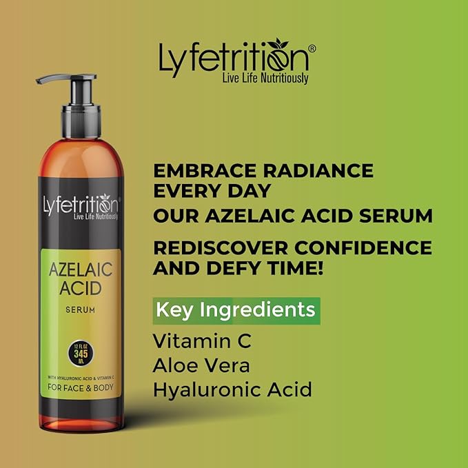 Lyfetrition Azelaic Acid Serum with Hyaluronic Acid | Natural Face Serum with Vitamin C & Aloe Vera (12 Fl Oz), Clear, (Lyfe9080)