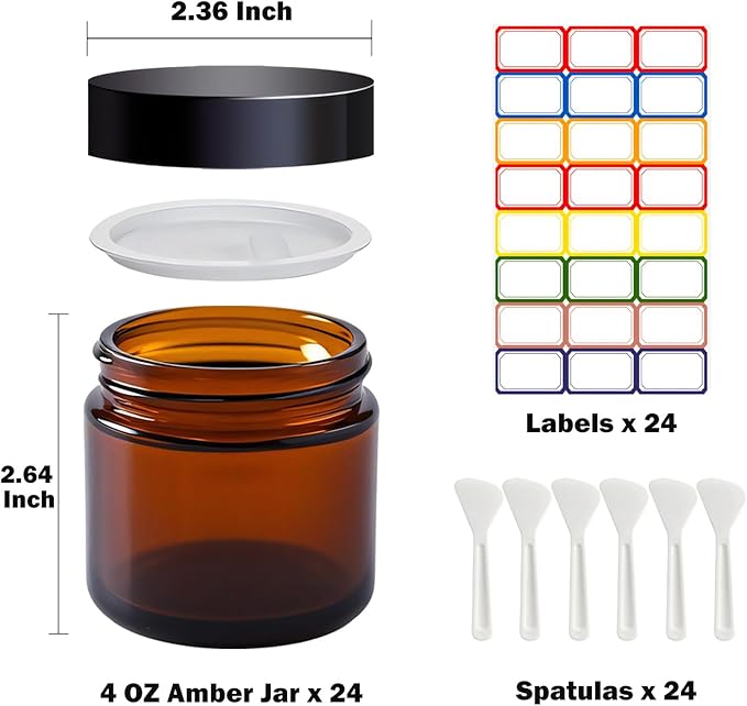 4 oz Amber Glass Jars with Lids,24 Pack 4oz Small Glass Jars with Inner Liners,4 Ounce Travel Jars for Cosmetics Container,Cream Lotion,Body Scrub