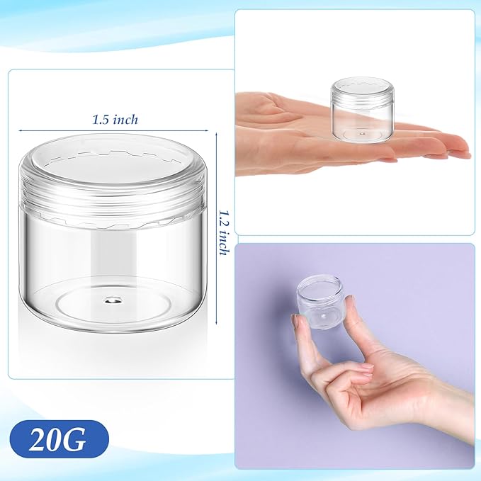 Patelai Small Clear Plastic Cosmetic Containers with Lids Cosmetic Sample Containers Travel Tiny Jars Round Pot Jars for Storage of Creams Makeup Ointments Skincare Lip Scrub(20g,100 Pcs)