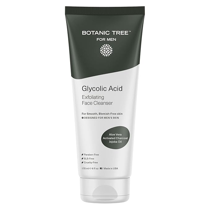 Botanic Tree Men's Face Wash with Glycolic Acid & Activated Charcoal (6oz.) - Deep Cleaning and Energizing Facial Exfoliating Cleanser…