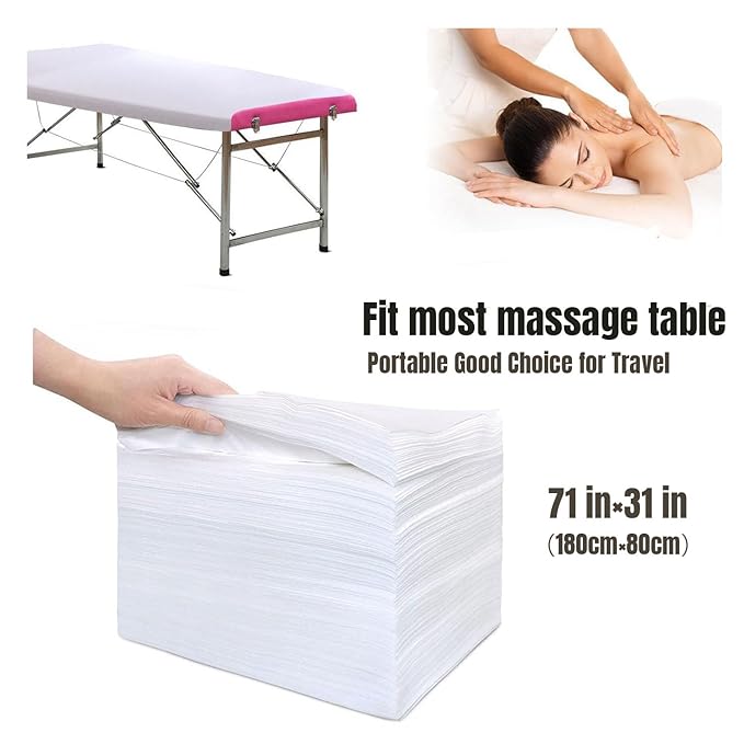 100 PCS Disposable Massage Table Sheets Spa Bed Covers 71"x31" -Non Woven Fabric Waterproof Protector for Waxing, Tattoo, Beauty Salon,Facial, Esthetician Table Bed (White)