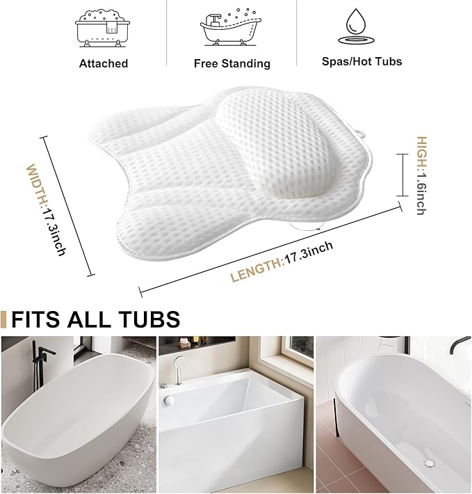 Bath Pillow Luxury Bathtub Pillow, 4D Bath Tub Pillows for Head, Neck and Back Support, Tub Pillow for Bathtub with 6 Non-Slip Suction Cups, Relaxing Bath Accessories Spa Gifts