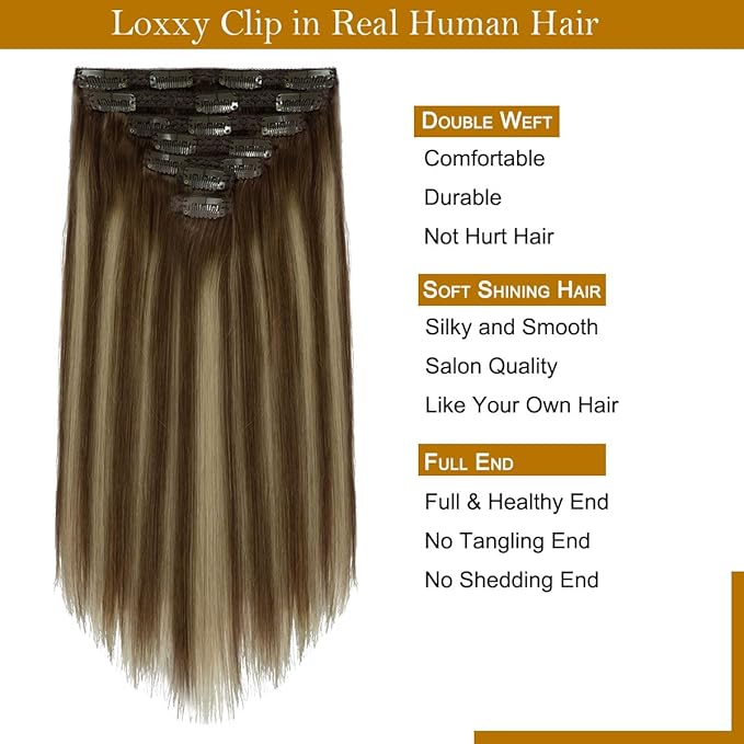 20inch Hair Extensions Clip ins Human Hair for Black Women Balayage Chocolate Brown to Honey Blonde With Brown Roots Lace Remy Clip in Human Hair Extensions 140g R4A-4A/26