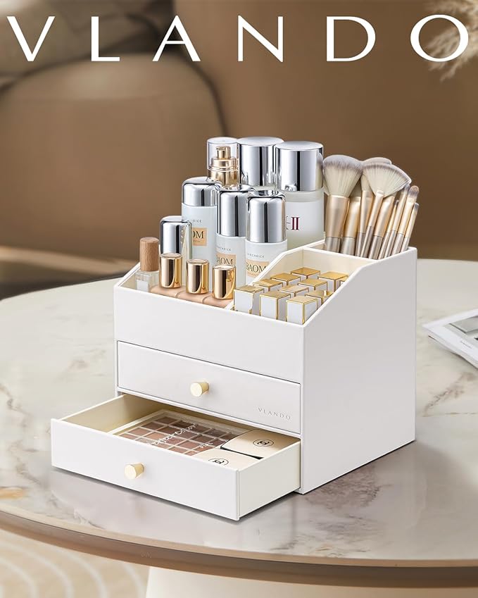 Vlando Makeup Organizer for Vanity,Large Capacity Countertop Organizer with Drawers, PU Leather Cosmetic Display Case for Lipstick,Brushes,Skincare,Nail polish and Bedroom Storage (White)