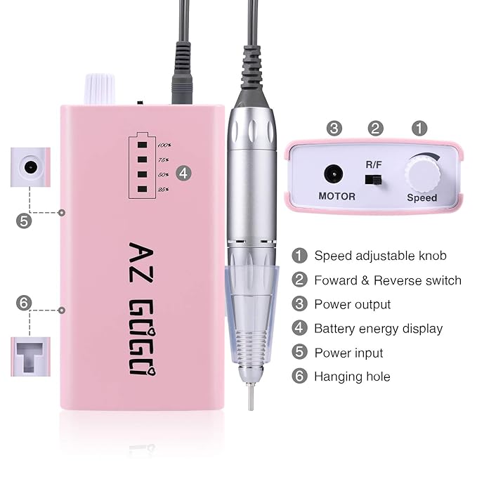 30000RPM Portable Nail Drill Machine, AZ GOGO Professional Rechargeable Electric Efile Nail Drill for Acrylic Nails, Manicure/Pedicure, Polishing, Cuticle - Salon or Home Use(Pink)