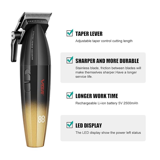 VGR 003 Fresh Fade Hair Clipper, Professional Hair Trimmer, Cord/Cordless Rechargeable Hair Cutting Tools with LED Display, 9000 RPM Barber Clippers, Gold