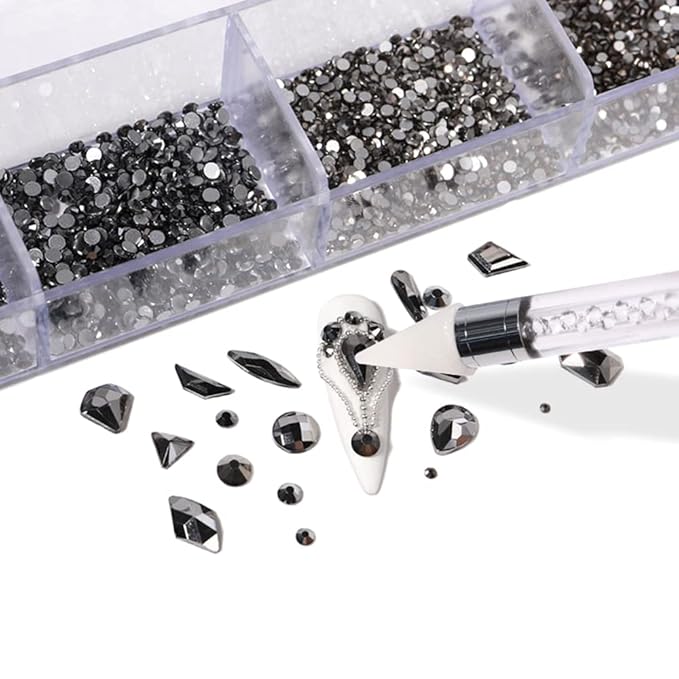 3100Pcs Nail Crystal Rhinestones Kit, Mix Shapes AB Glass, 3D Diamonds Flatback Crystals, with a Drill Pen, Nail Crystal Non Hotfix, Nail Art Decoration(Mineral Black)