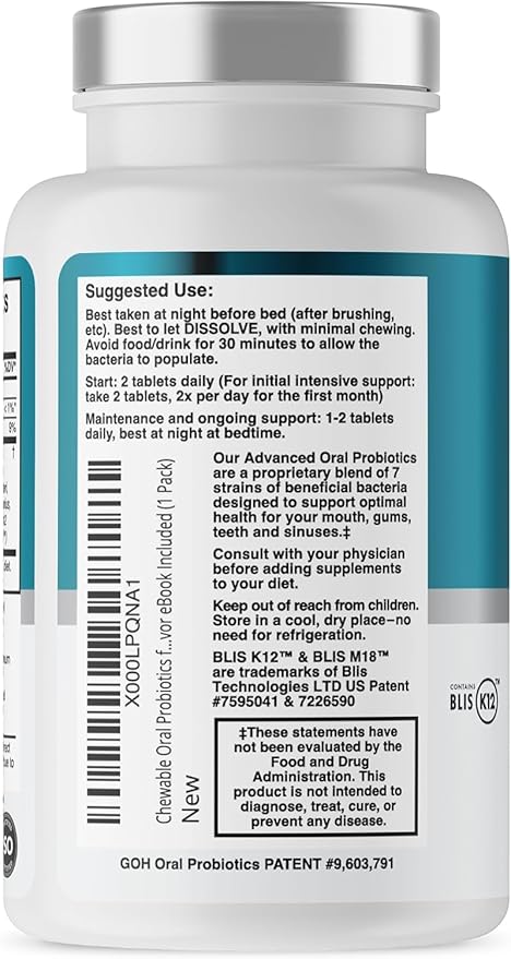 Oral Probiotics for Mouth Bad Breath Treatment for Adults: Dentist Formulated BLIS K12 M18 Advanced Oral Probiotics for Teeth and Gums, 60 Chewable Oral Health Probiotics Supplement Tablets (Mint 2pk)