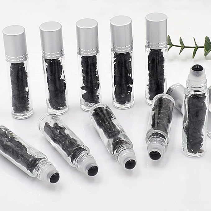 Essential Oil Roller Bottle 10ml w EVA Carrying Travel Case(Clear Glass Bottle with silver Cap、10pack、Gemstone Roller Balls、Crystal Chips Inside、Opener Gemstone Roller Ball Bottles