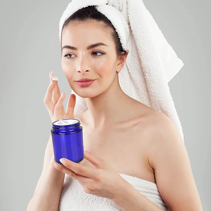 Betrome 24 Pack 8oz Blue Glass Jars with Black Plastic Lids, Round Empty Cosmetic Jars for Beauty Items, Craft, Food Storage, Canning