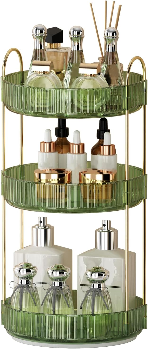360° Rotating Makeup Organizer for Vanity - 3 Tier Perfume Organizer with Large Capacity - Skincare Organizer for Bathroom Counter - Space-Saving Cosmetic Storage for Dresser Countertop (Green)