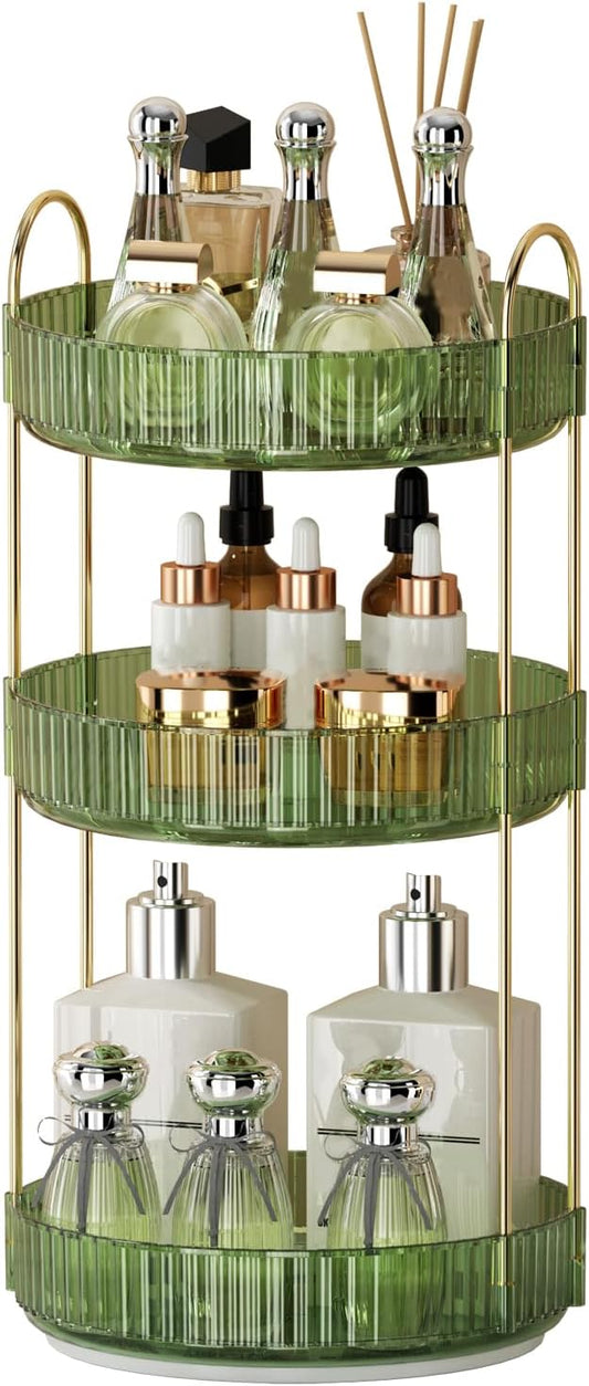 360° Rotating Makeup Organizer for Vanity - 3 Tier Perfume Organizer with Large Capacity - Skincare Organizer for Bathroom Counter - Space-Saving Cosmetic Storage for Dresser Countertop (Green)