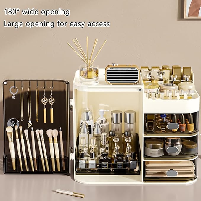 Cosmetics Display Case with Mirror, Large Capacity Cosmetic Storage Box with Drawers, Dust and Waterproof Makeup Organizer, Skincare Jewelry Storage Box for Bedroom, Bathroom (Transparently black)