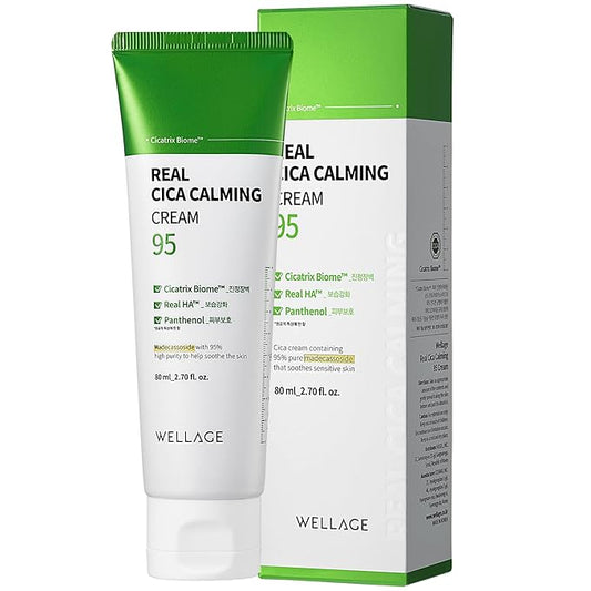 wellage Cica Calming Cream - Korean Face Soothing Moisturizer, High Purity Madecassoside with Centella Asiatica Panthenol - Calms Sensitive Skin, Anti-Redness & Rosacea, Anti-Scaling & Blemish, 2.7oz