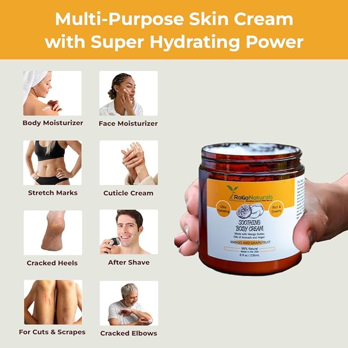 RaGaNaturals Natural Mango Butter Body Cream for Dry Skin for Women, Men - Tropical Plant-Based Hydrating Moisturizer with Avocado Oil and Vitamin E - Non-Greasy, Vegan, Cruelty-Free, Smell Good -8 Oz