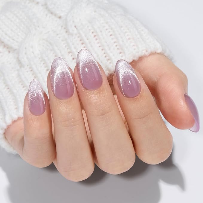 VSALON Press On Nails Short Almond Purple Cat Eye Fake Nails with Extra UV Glue Kit, 28-Days Salon-Strong No Pop-Off, Reusable Semi-transparent Fake Nails - 32 PCS in 16 Sizes (Misty Purple)