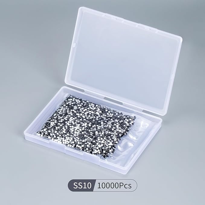 10000PCS Black Rhinestones Bulk, Flat Back Crystal Glass Stone Round Gems,SS10, 2.7-2.9mm