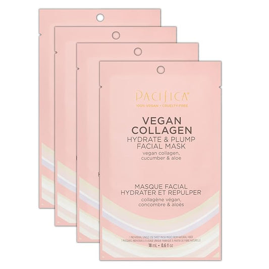 Pacifica Vegan Collagen Hydrate & Plump Face Mask 4-Pack – Hydrating & Plumping Peptide-Infused Sheet Mask for Dewy Skin, with Vegan Collagen, Cucumber & Aloe, Clean Beauty Skincare