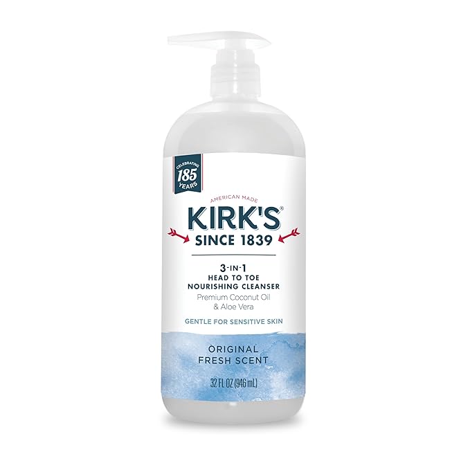 Kirk's 3-in-1 Head to Toe Nourishing Liquid Cleanser- for Men, Women & Children - Premium Coconut Oil & Aloe Vera- Non GMO & Vegan -Original Fresh Scent - 32 Fl Oz