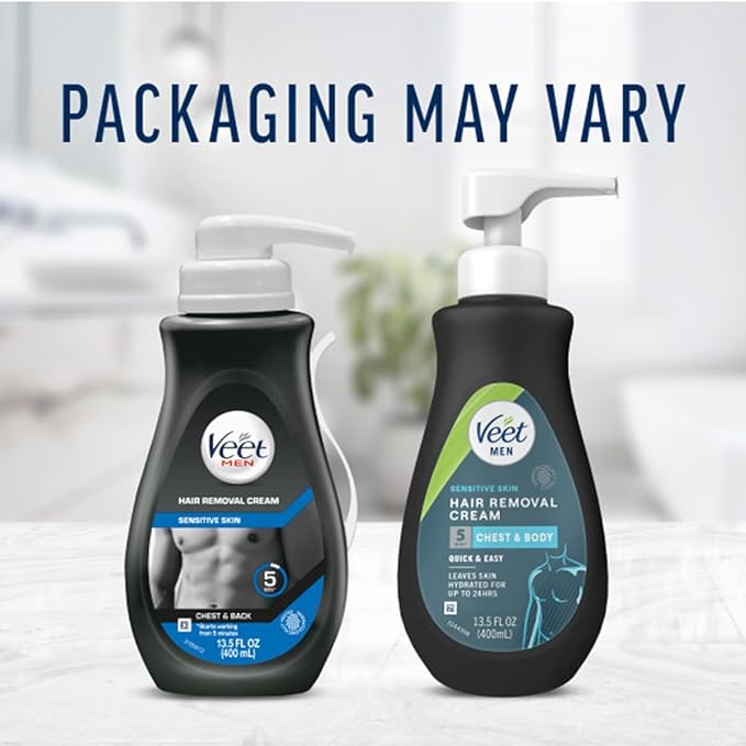 Veet Sensitive Skin Dermatologically Tested 13.5 Fl Oz. 5 Min Men's Hair Removal Gel Cream with Spatula For Body, Chest & Back (2 Pack)