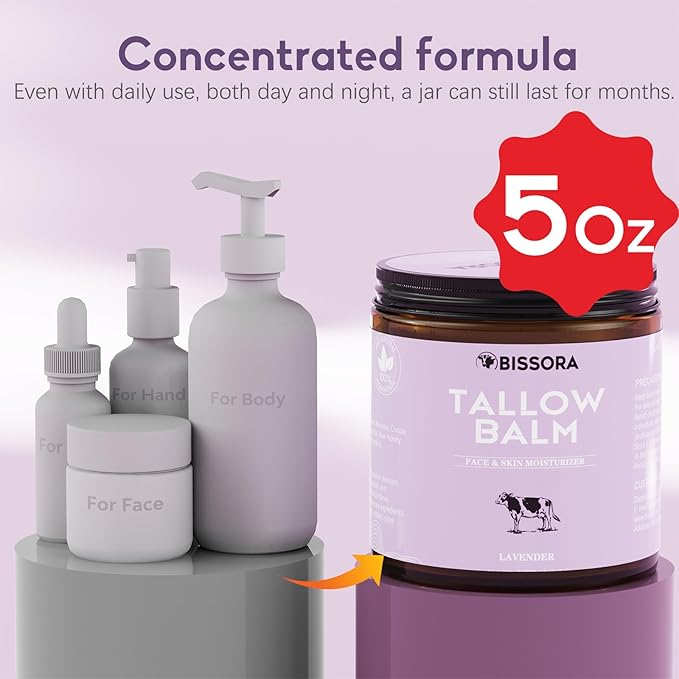 Beef Tallow for Skin, Organic Grass-Fed Beef Tallow Balm with Raw Honey & Jojoba Oil - Whipped Moisturizer for Face & Body - All-Natural Skin Care for Soft, Hydrated Skin (5 OZ, Lavender)