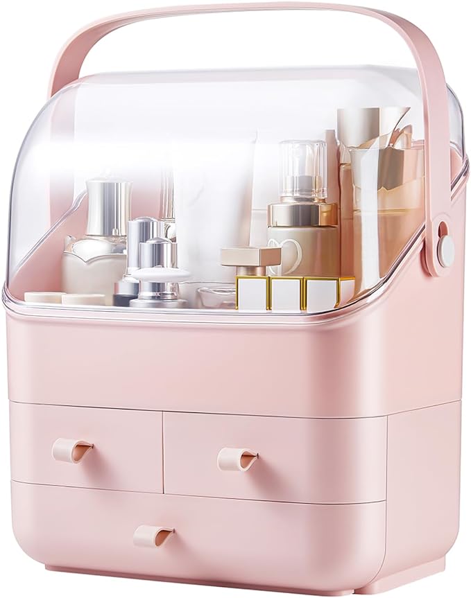 SUNFICON Preppy Skincare Organizers Pink Makeup Organizer Holder Beauty Cosmetic Storage Box Large Display Case Dust Free Cover Portable Handle 2 Rroomy Drawers Gift Great For Bathroom Countertop